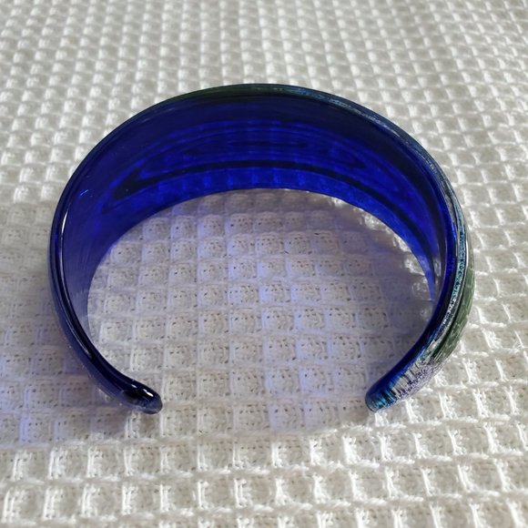 Dichroic Glass Cuff Bangle Cobalt Blue Metallic Shimmery Swirls Milky Way Design - Picture 4 of 6